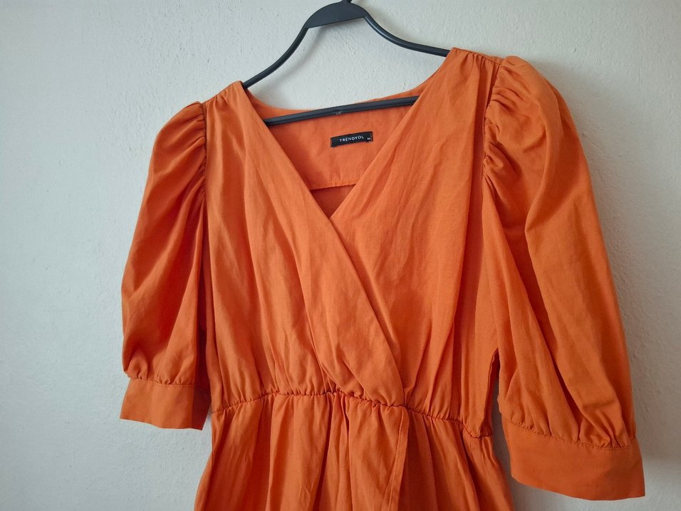 Turuncu V Yaka Midi Bohem Elbise - Görsel 4