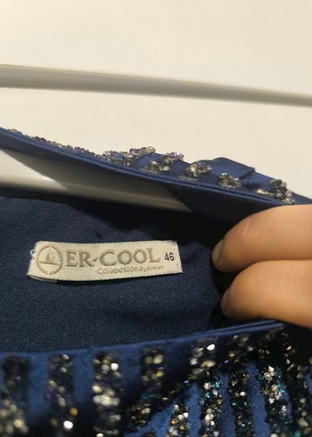 Uzun Kollu Boncuk İşlemeli Mavi Abiye Elbise - Görsel 5