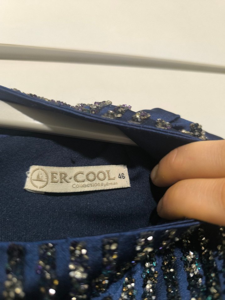 Uzun Kollu Boncuk İşlemeli Mavi Abiye Elbise - Görsel 5