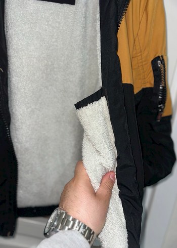 Sarı Siyah Fermuarlı İçi Kürklü Street Wear Mont - Görsel 3