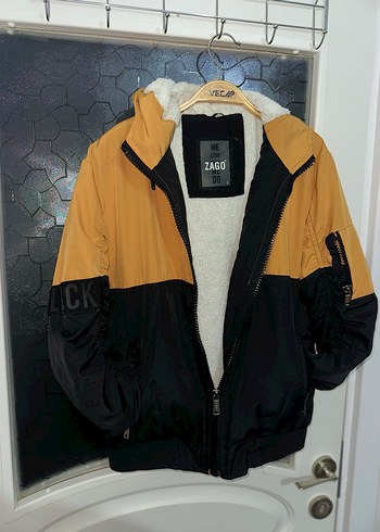 Sarı Siyah Fermuarlı İçi Kürklü Street Wear Mont - Görsel 2