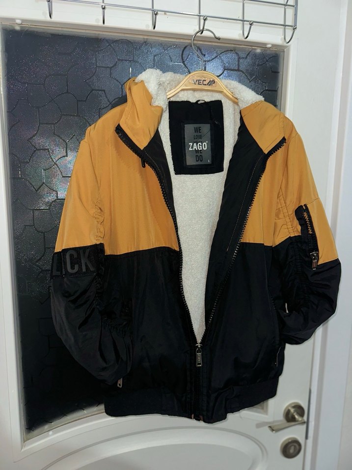 Sarı Siyah Fermuarlı İçi Kürklü Street Wear Mont - Görsel 2