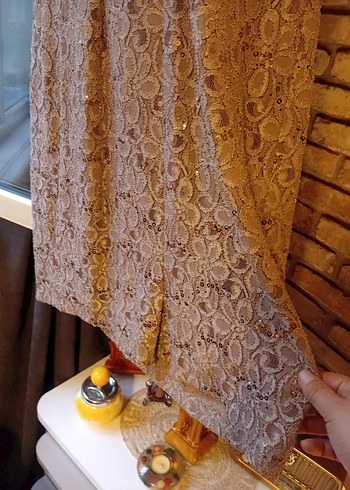 Dantel Detaylı V Yaka Bej Uzun Elbise - Görsel 7