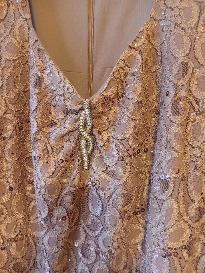 Dantel Detaylı V Yaka Bej Uzun Elbise - Görsel 2