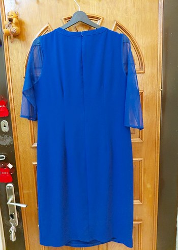 V Yaka Kısa Kollu Mavi Midi Elbise - Görsel 7