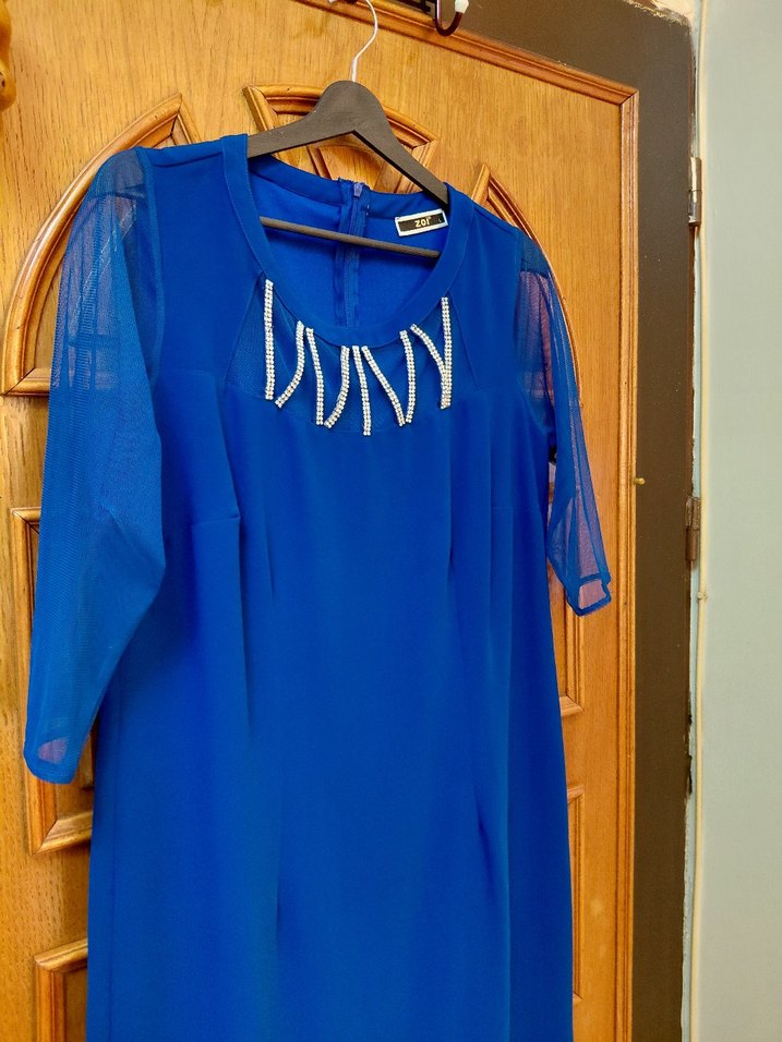 V Yaka Kısa Kollu Mavi Midi Elbise - Görsel 2