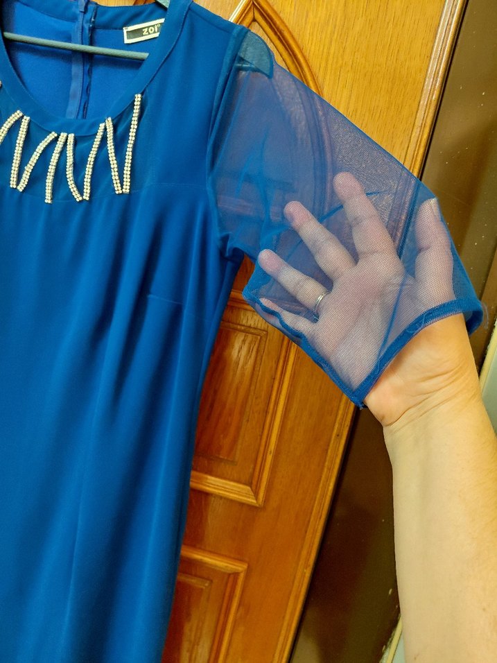 V Yaka Kısa Kollu Mavi Midi Elbise - Görsel 5