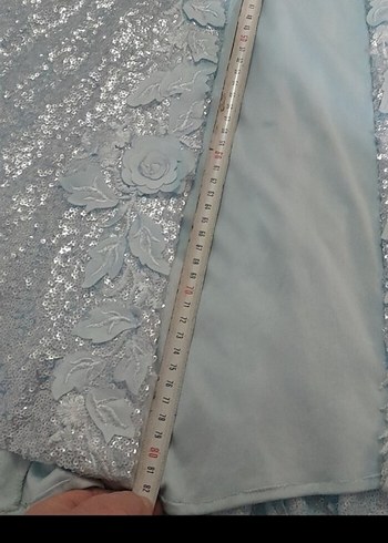 Nakışlı V Yaka Uzun Mavi Abiye Elbise - Görsel 8