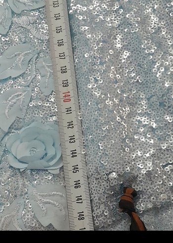 Nakışlı V Yaka Uzun Mavi Abiye Elbise - Görsel 7