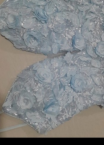 Nakışlı V Yaka Uzun Mavi Abiye Elbise - Görsel 4