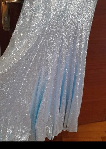 Nakışlı V Yaka Uzun Mavi Abiye Elbise - Görsel 6