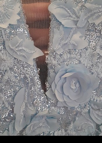 Nakışlı V Yaka Uzun Mavi Abiye Elbise - Görsel 3