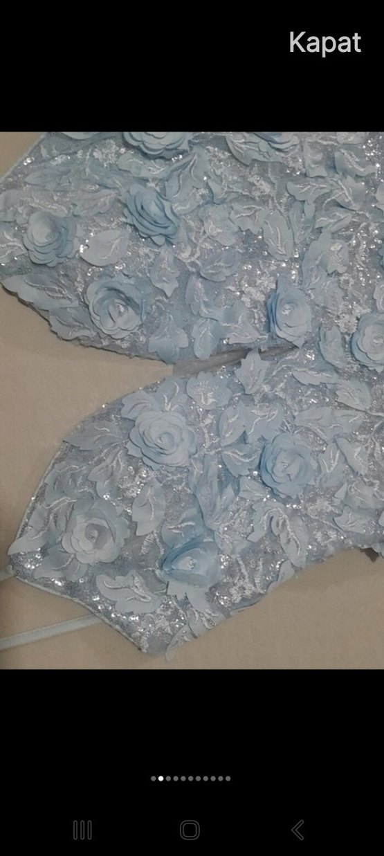 Nakışlı V Yaka Uzun Mavi Abiye Elbise - Görsel 4