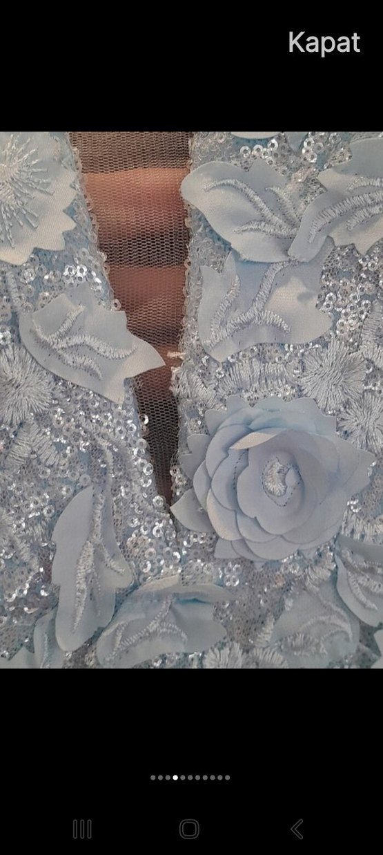 Nakışlı V Yaka Uzun Mavi Abiye Elbise - Görsel 3