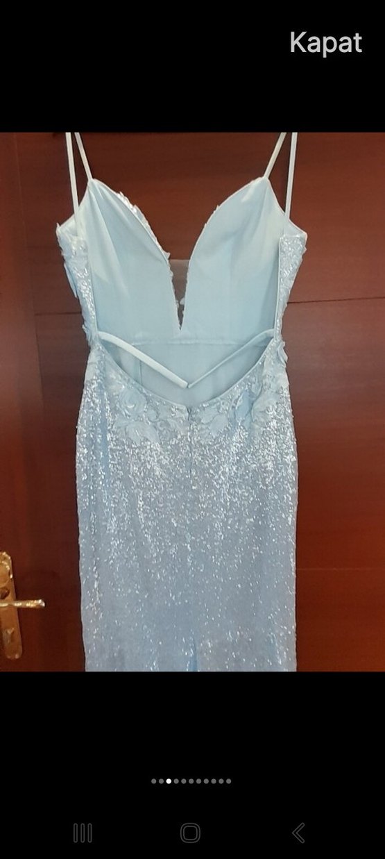 Nakışlı V Yaka Uzun Mavi Abiye Elbise - Görsel 5