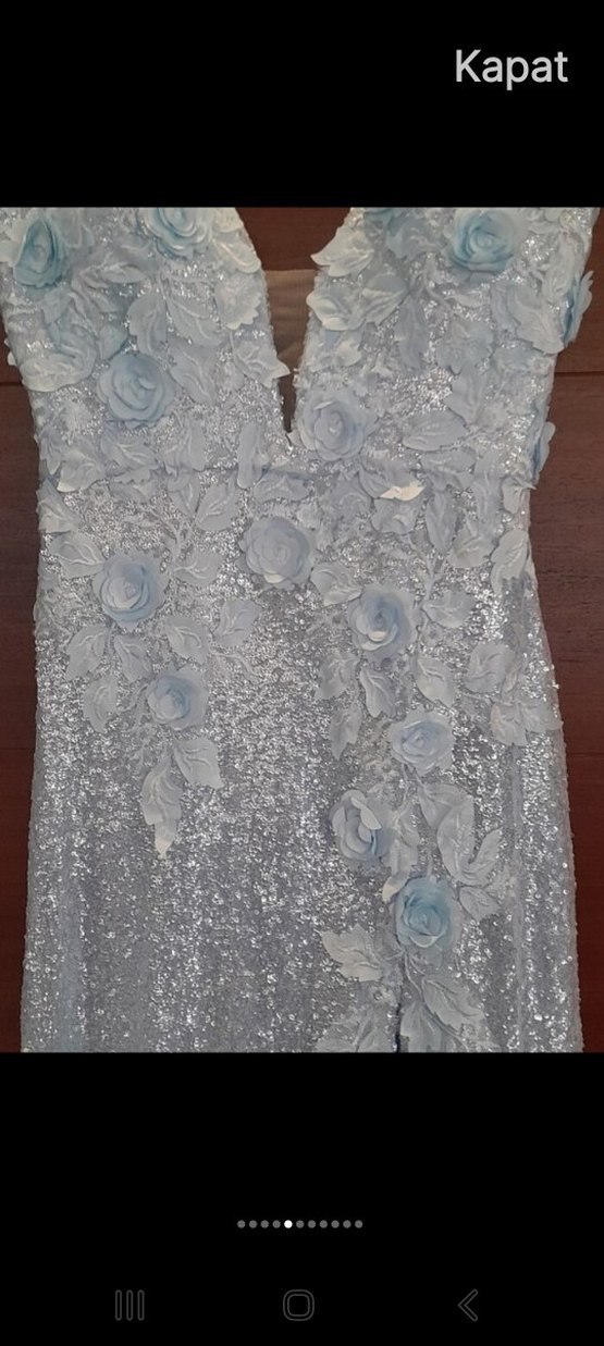 Nakışlı V Yaka Uzun Mavi Abiye Elbise - Görsel 2