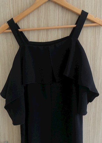 Siyah Midi Kadın Elbise, Fırfırlı, Kısa Kollu - Görsel 2