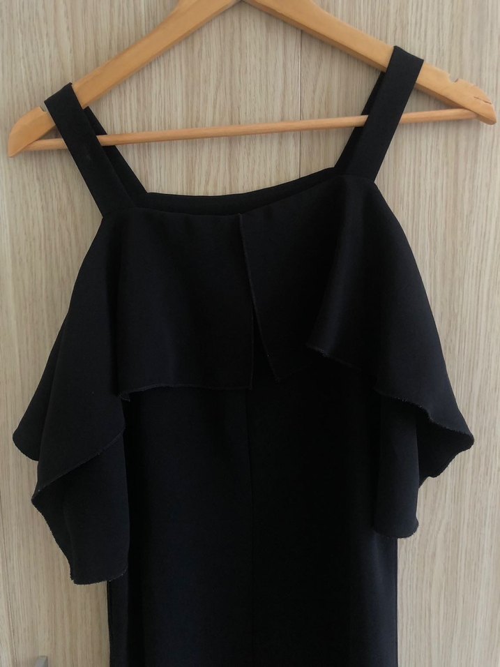 Siyah Midi Kadın Elbise, Fırfırlı, Kısa Kollu - Görsel 2