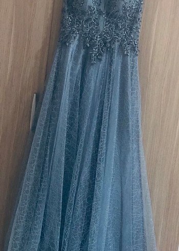 Dantel Detaylı Gri Uzun Abiye Elbise - Görsel 4