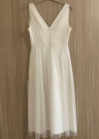 Beyaz V Yakalı midi Abiye Elbise - Görsel 2