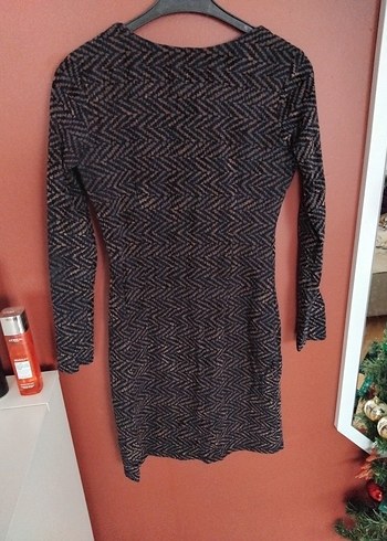 Uzun Kollu V Yaka Desenli kadife Elbise - Görsel 5