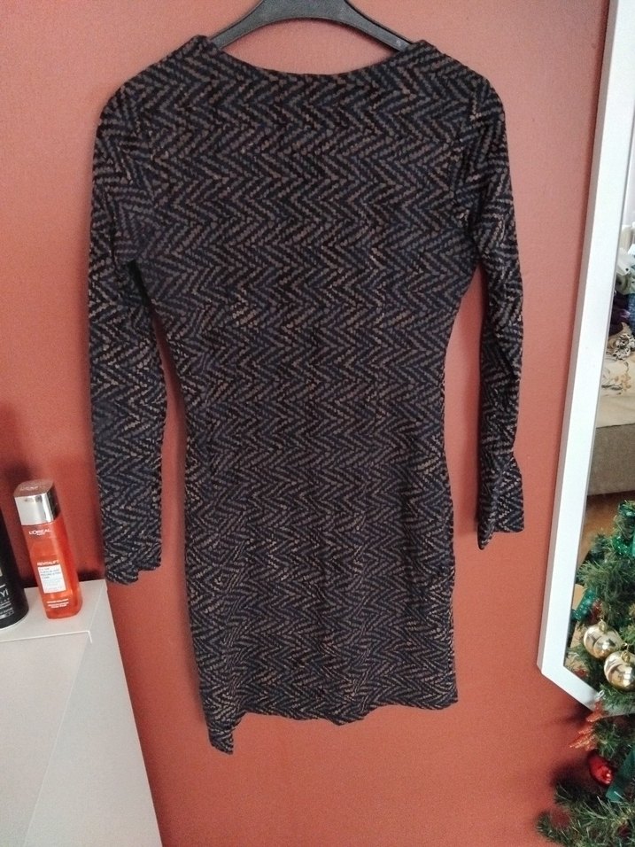 Uzun Kollu V Yaka Desenli kadife Elbise - Görsel 5