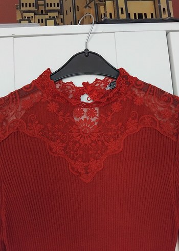 Kırmızı Dantelli Yüksek Yakalı Kadın Triko Elbise - Görsel 6