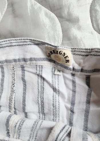 Düğmeli Beyaz Çizgili Mini Keten Etek - Görsel 2