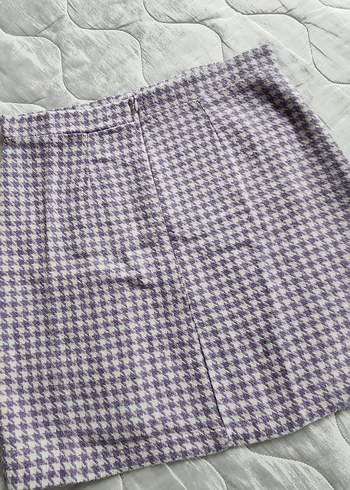 Düğmeli Mor Kareli Mini Etek - Görsel 3