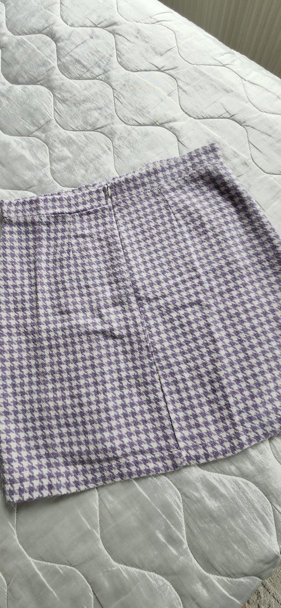 Düğmeli Mor Kareli Mini Etek - Görsel 3