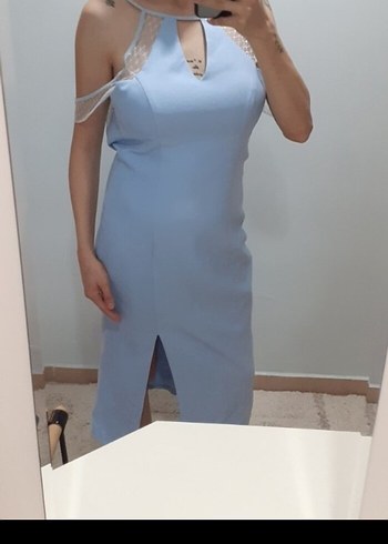 Mavi Midi Kolsuz Elbise - Görsel 4