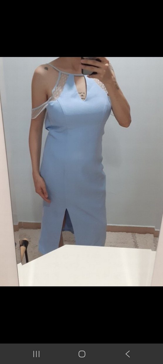 Mavi Midi Kolsuz Elbise - Görsel 4