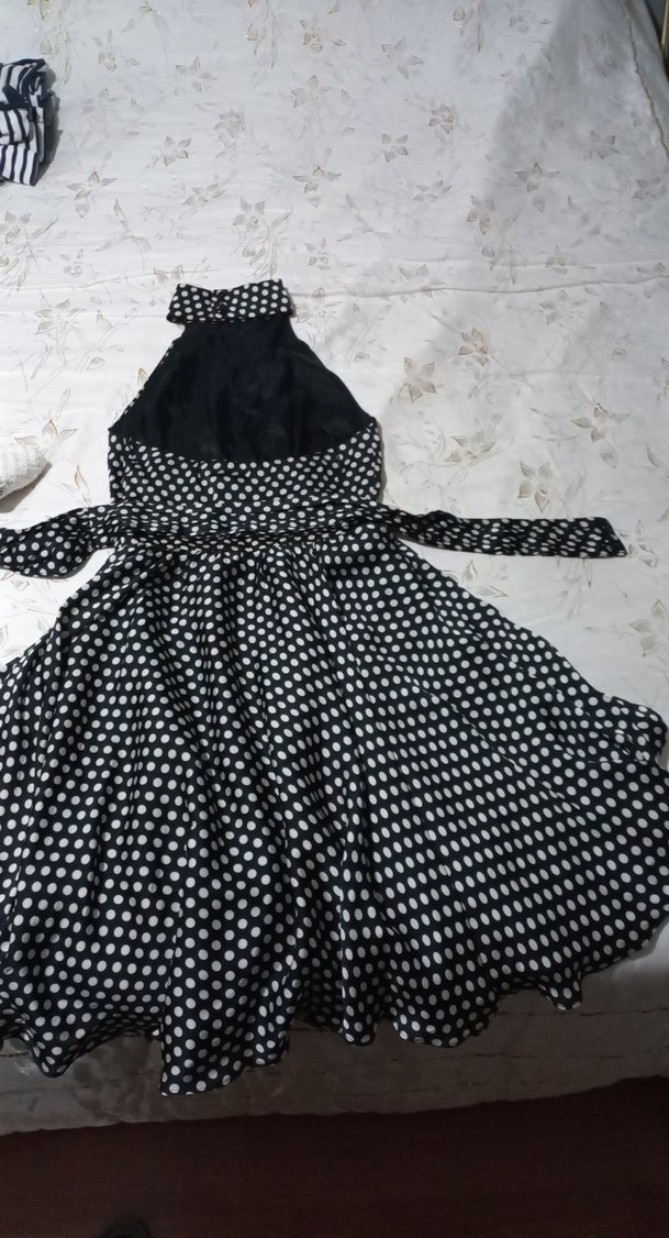 Puantiye Desenli Siyah saten Elbise - Görsel 3