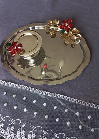 Altın Renkli Çiçek Desenli Çelik Parlak Tepsi ve sunumluk sıfır - Görsel 2