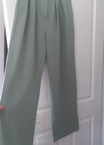 uçuk yeşil Pilili Kadın Salaş Keten Pantolon - Görsel 3