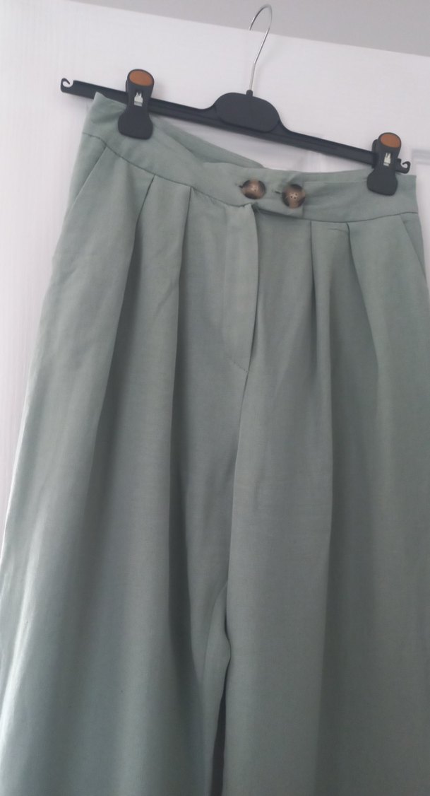 uçuk yeşil Pilili Kadın Salaş Keten Pantolon - Görsel 2