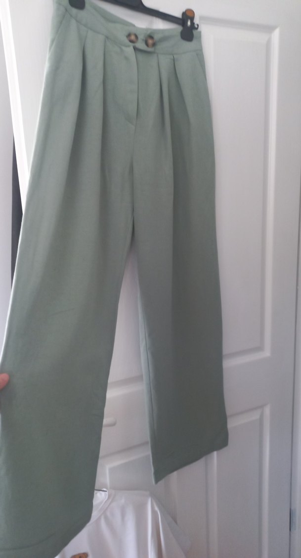 uçuk yeşil Pilili Kadın Salaş Keten Pantolon - Görsel 3