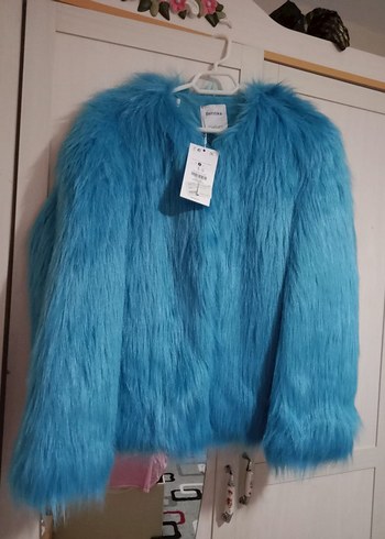 Bershka Mavi Midi Suni Kürk Detaylı Kadın Ceket