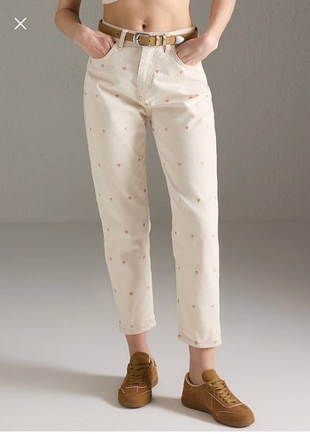 Mom kesim Bej Kadın Kot Pantolon - Görsel 2