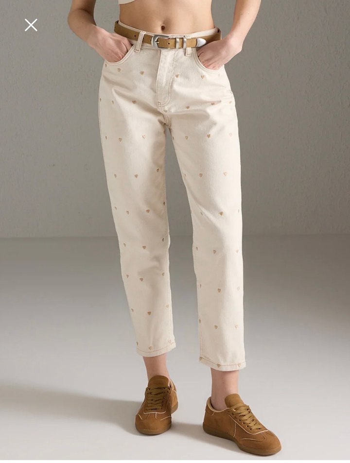 Mom kesim Bej Kadın Kot Pantolon - Görsel 2