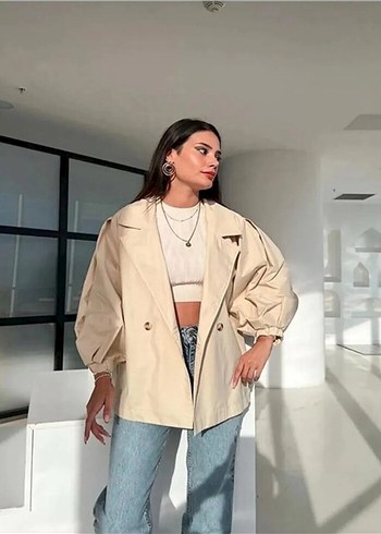 Bej Mini Kadın Trençkot