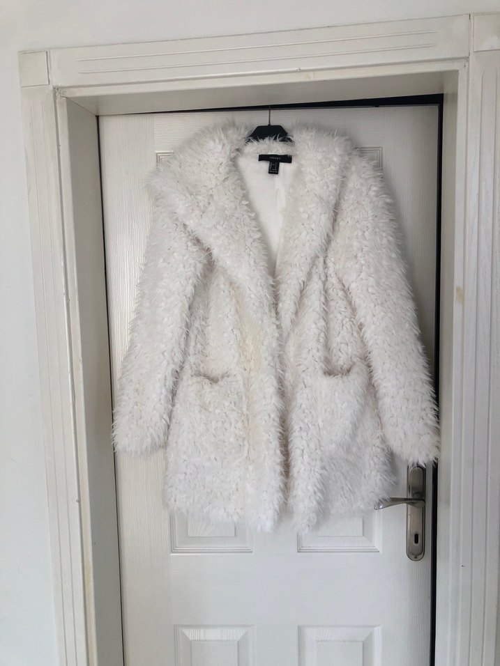 Kadın Beyaz Midi Boy Tüylü Mont - Görsel 2