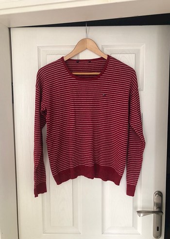 Pembe Çizgili Kadın Örgü Pamuk Kazak - Görsel 2