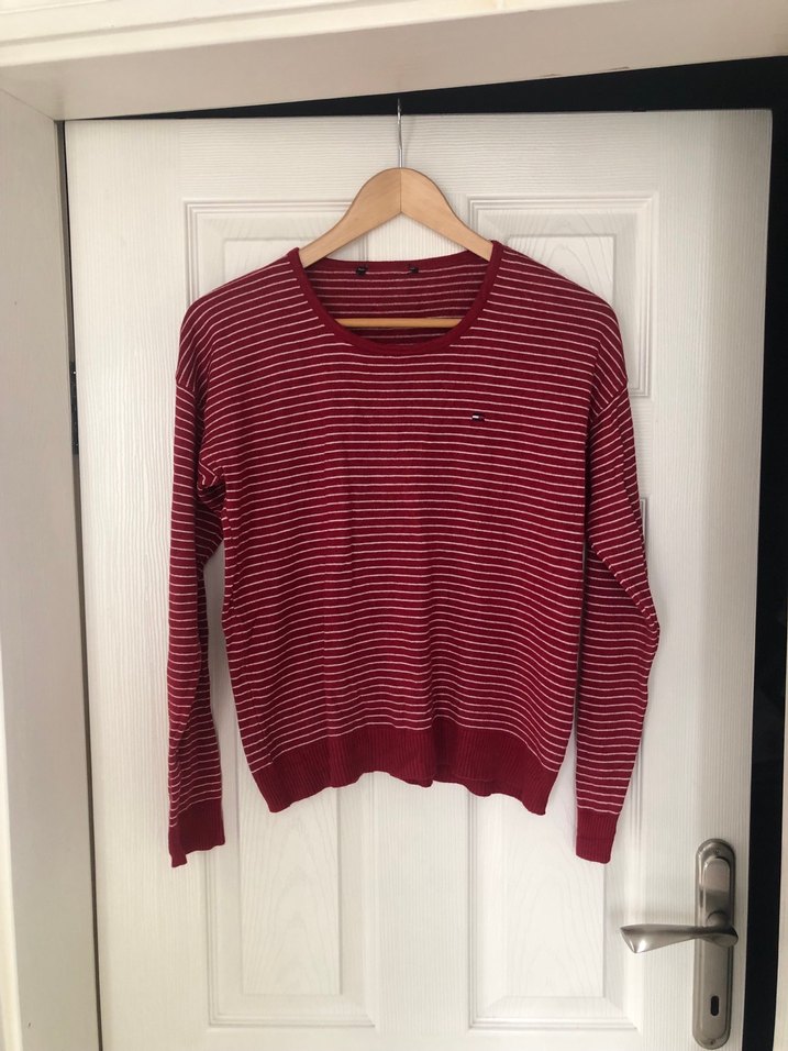 Pembe Çizgili Kadın Örgü Pamuk Kazak - Görsel 2