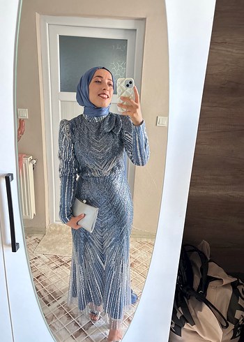 Abiye Uzun Kollu Drapeli Mavi Abiye Elbise