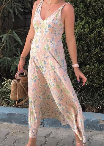 Zara Pastel Pembe Bohem Uzun Askılı Elbise