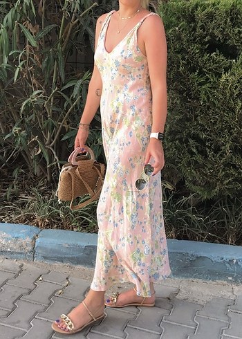 Pastel Pembe Bohem Uzun Askılı Elbise