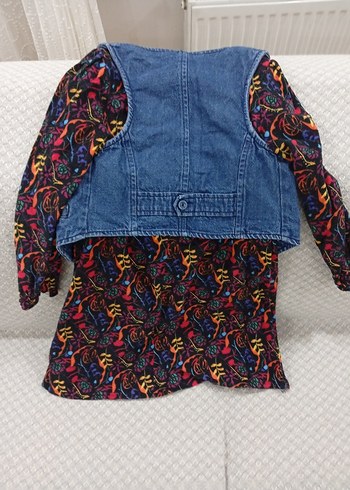 Renkli Batik Desenli Uzun Kollu Kışlık elbise ve Denim Yelek - Görsel 3