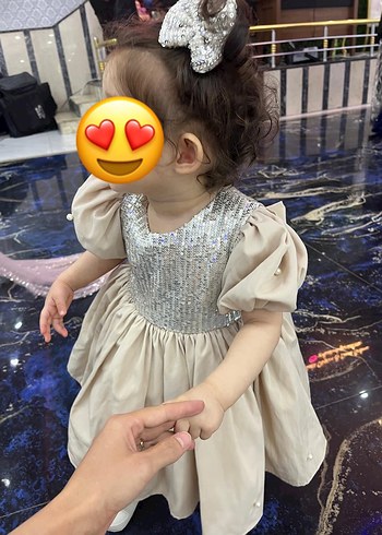 Parlak Payetli Bej Kız Çocuk Elbise abiye - Görsel 3