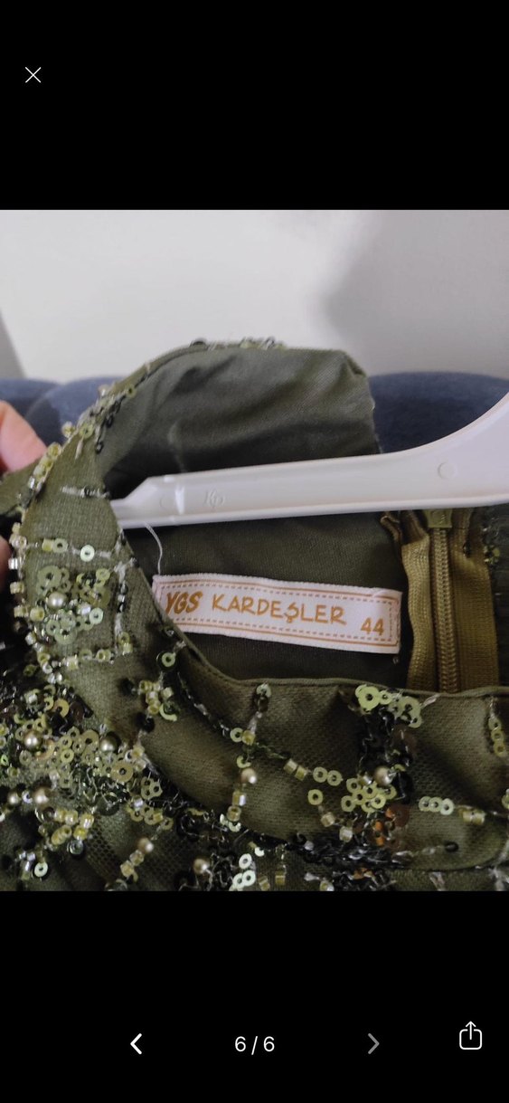 Boncuk İşlemeli Uzun Kollu Haki Abiye Elbise - Görsel 3